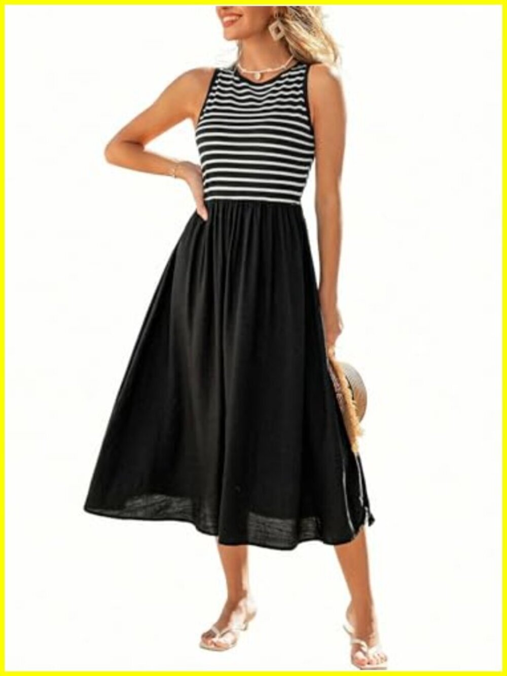 Striped Patchwork Sleeveless Crewneck Midi Dress Cotton Rayon Spandex